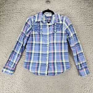 Saddle River Shirt Womens Small Blue Plaid Long Sleeve Button Up